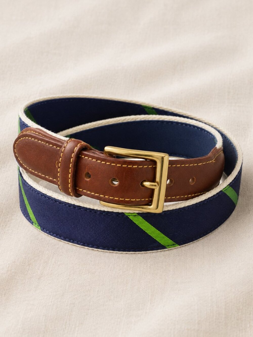 Collared Greens Navy Green Stripe Ribbon Belt Leather Brass Buckle USA 34
